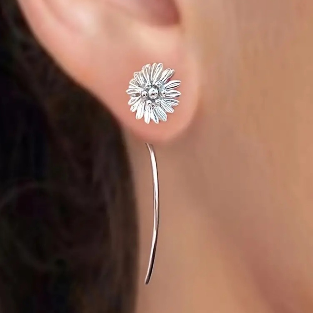 Drop Through Silver Chrysanthemum Drop Earrings